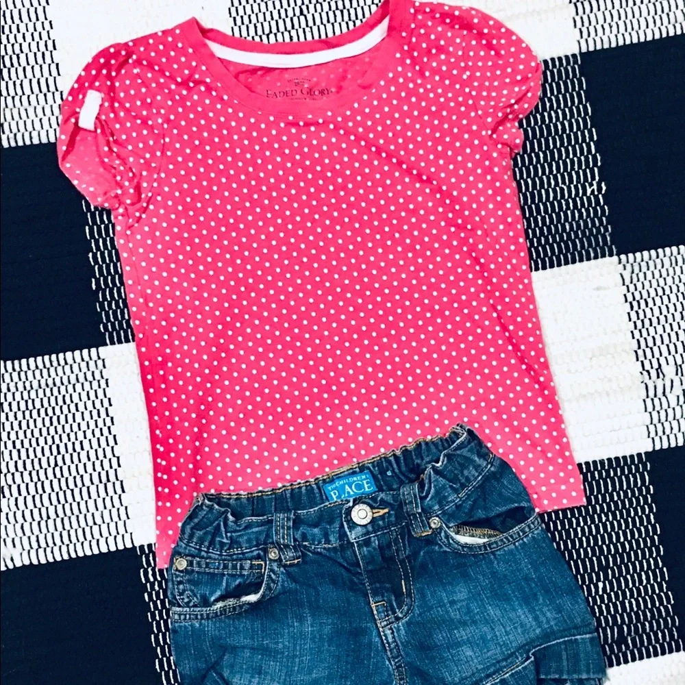 Pink polka dot shirt tee and denim shorts set outfit - girl school - 6 -… - Picture 2 of 5